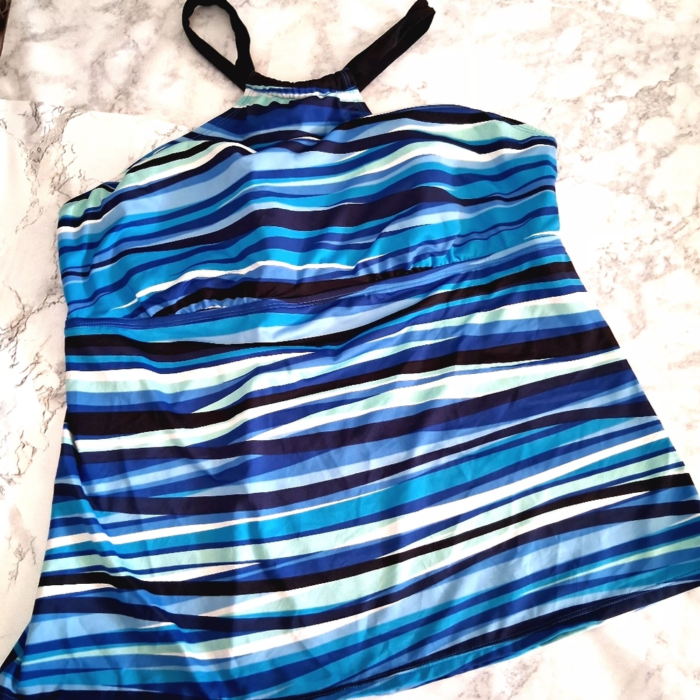 TROPICAL ESCAPE MultI Blue Striped Tankini Top One Piece Size 18